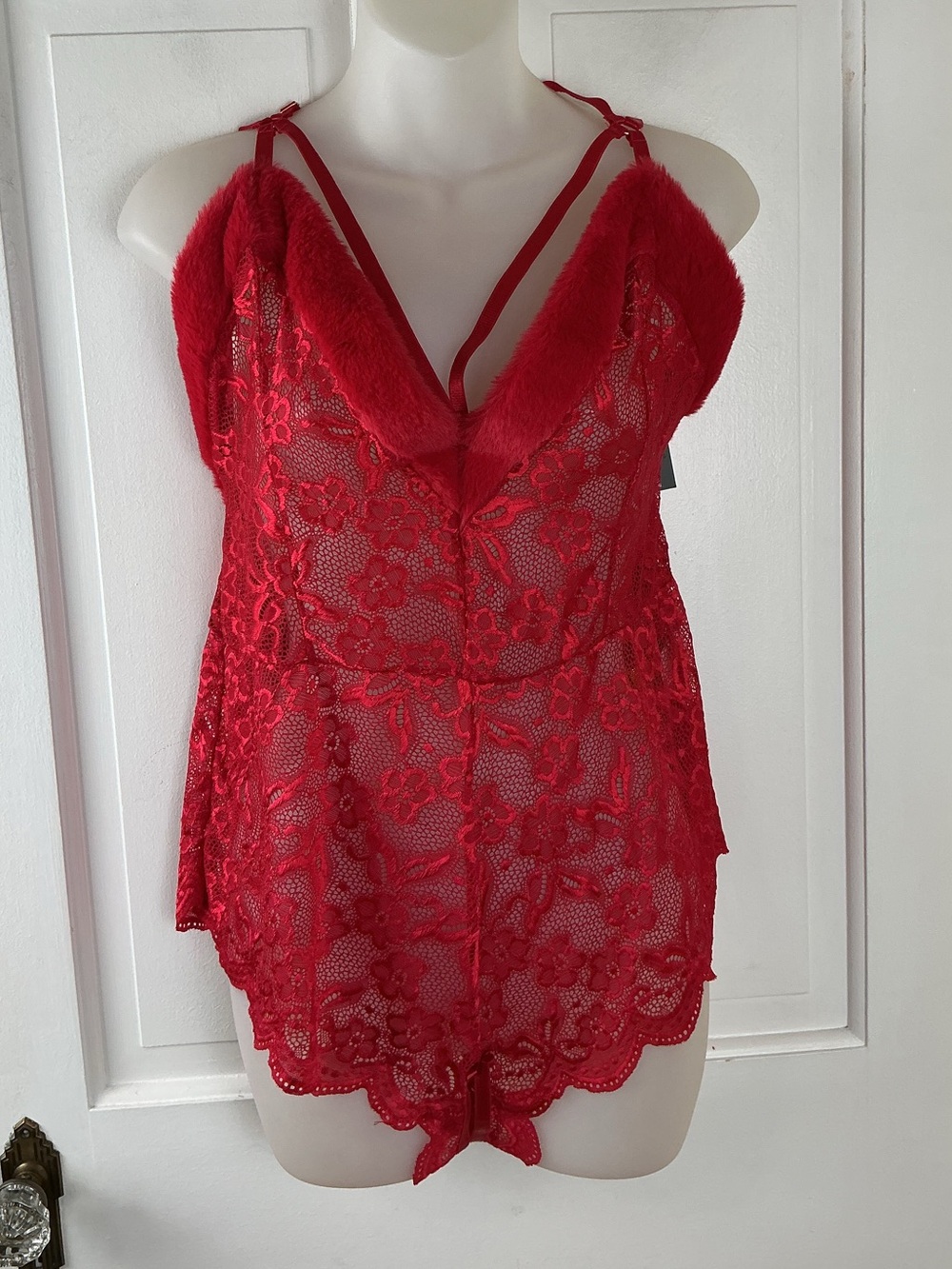 Just sexy lingerie Red Strappy Lace Teddy Bodysuit Faux Fur 2X New